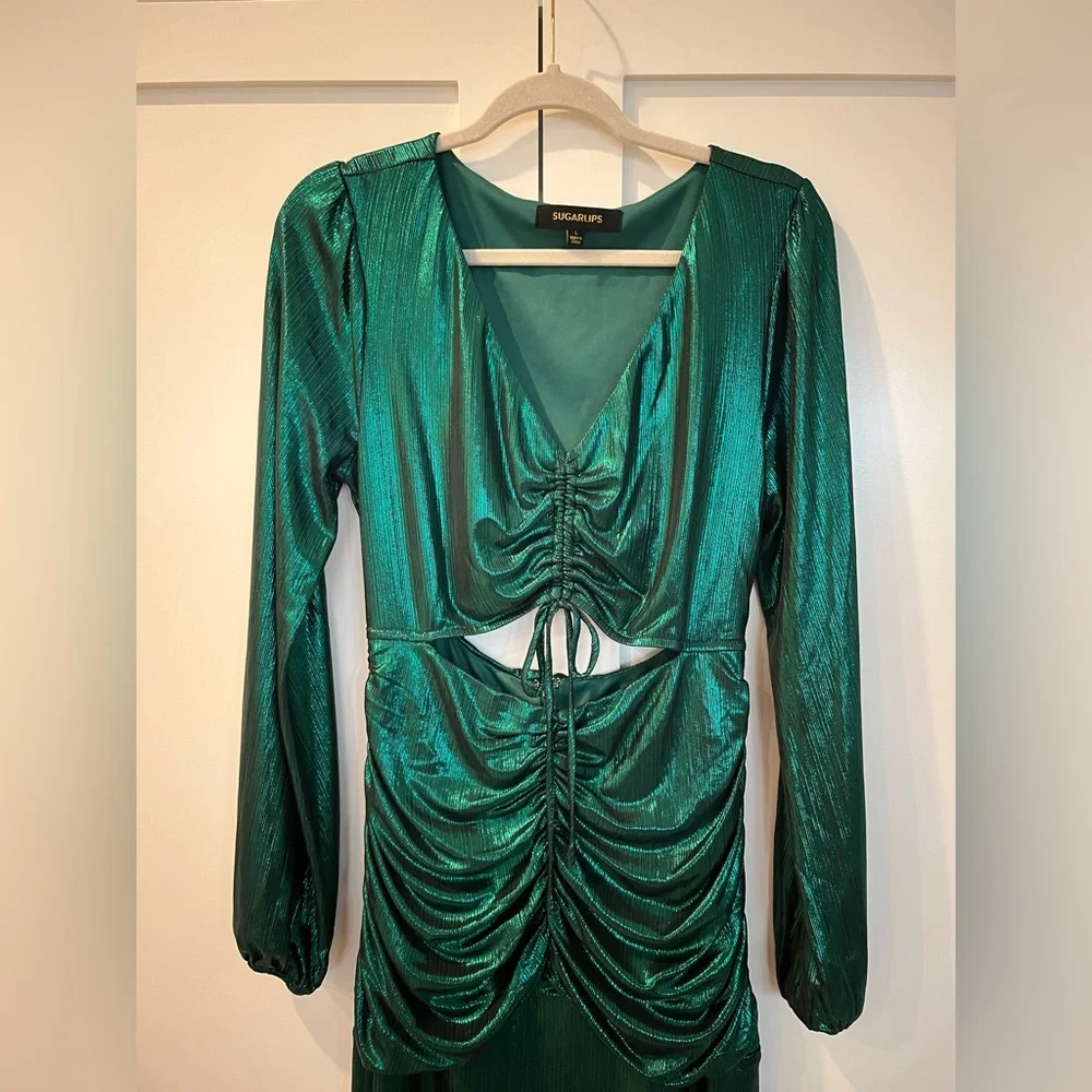 Sugarlips Cannes Liquid Satin Ruched Cut Out Green Midi Dress | Large